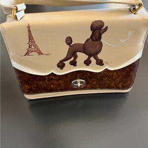 Beige and Brown Poodle Shoulder Bag with Paris Motif